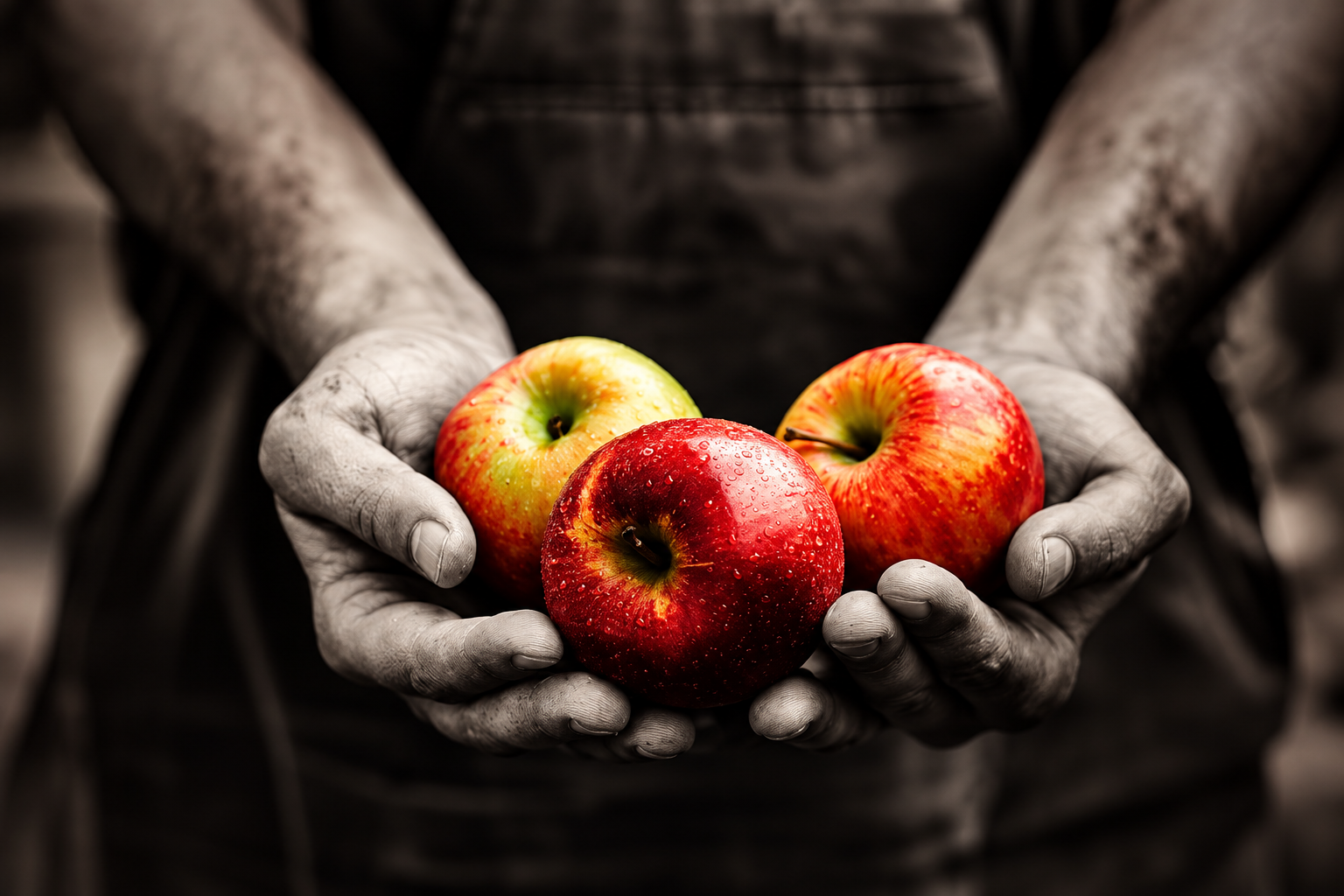 Colorful apples held in black and white hands